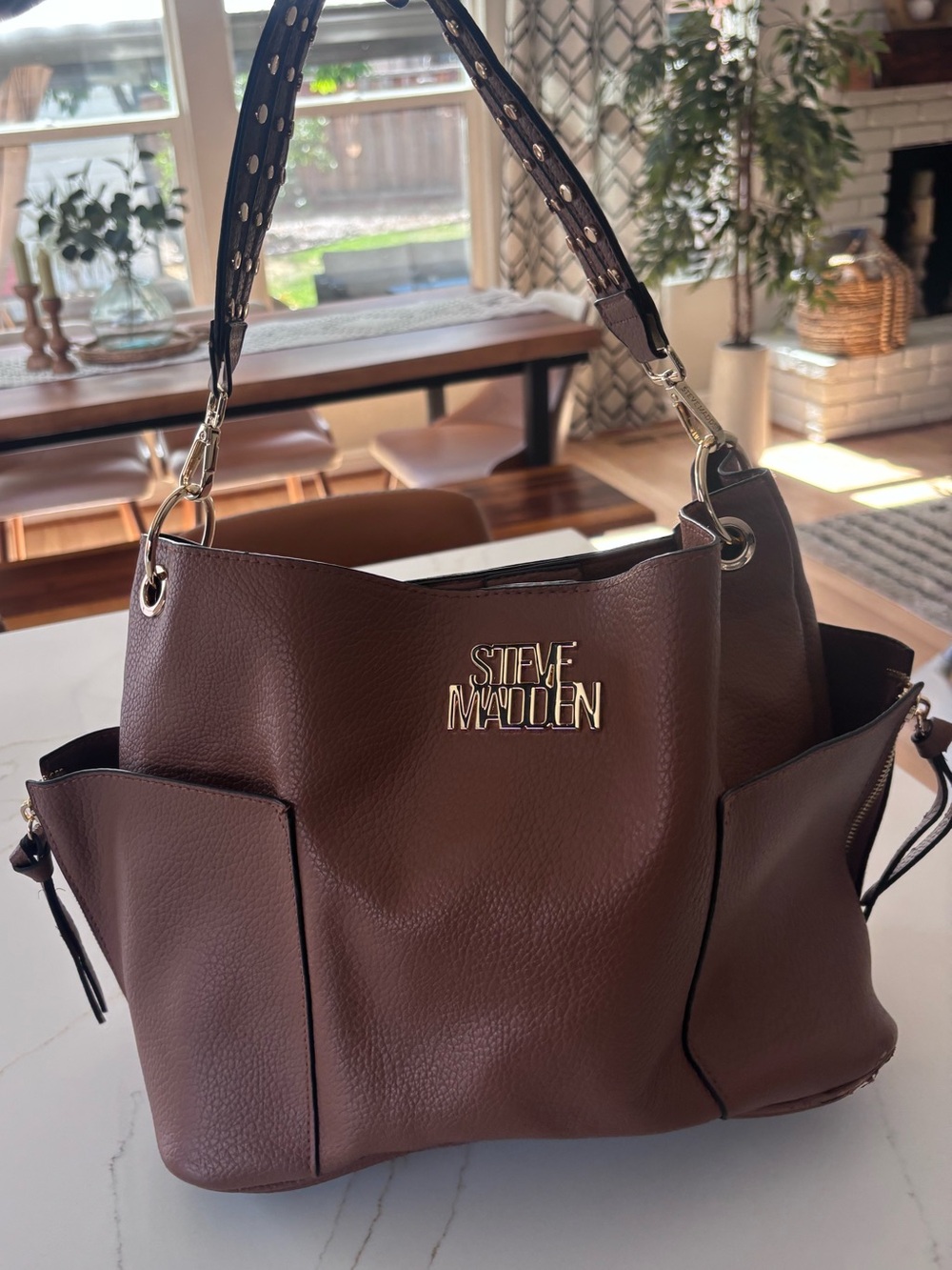 Steve Madden Brown Pebbled Shoulder Bag with Gold Hardware